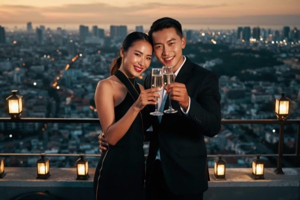 Malaysian couple enjoying a private rooftop date overlooking the city